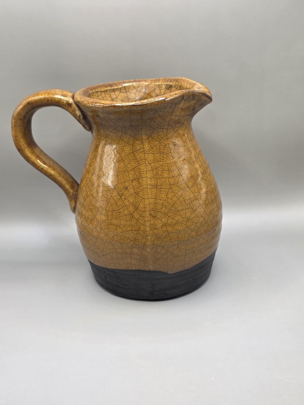 Vintage Studio Pottery Pitcher 8.5" Ochre Yellow Crackle Glaze Ceramic Art Jug